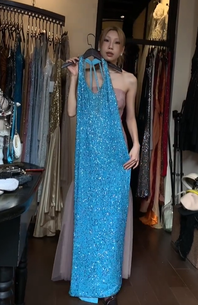 Halter Lake Blue Sequin Prom Dress V Neck Back Strappy Cutout Sheath Formal Evening Gown gh9817