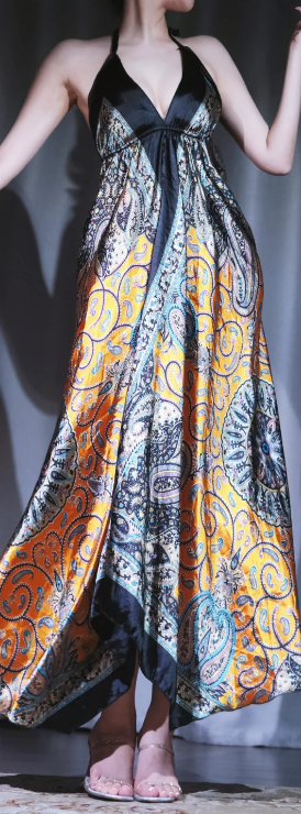 ✨Girlhomeshops-Halter Paisley Print Maxi Dress Satin Irregular Hem Boho Evening Gown gh9976