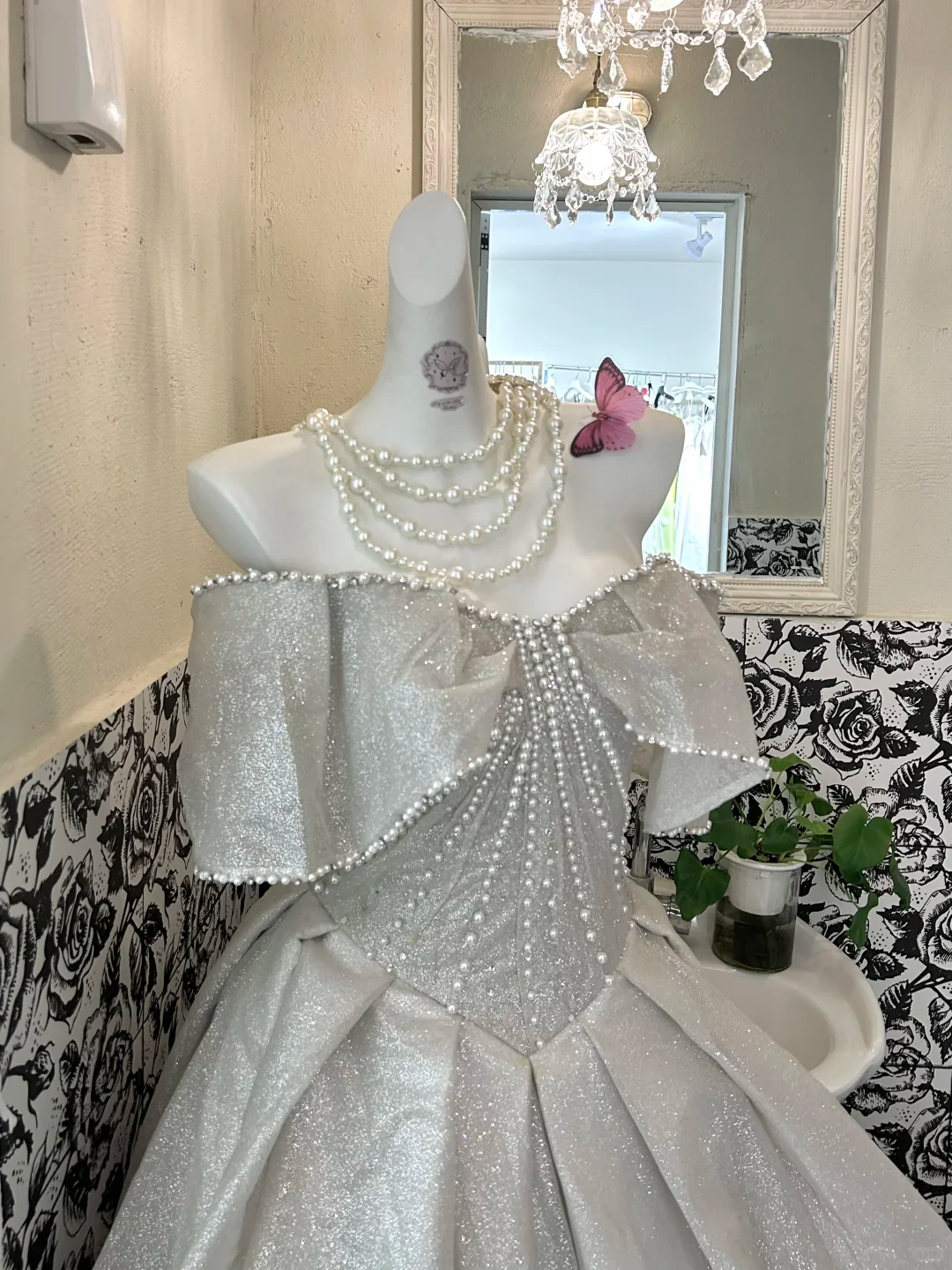 Silver Gray Bow Off-the-Shoulder Waist-Cinched Voluminous Skirt Long Luxury Romantic Dress, Wedding Gown gh7648