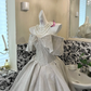 Silver Gray Bow Off-the-Shoulder Waist-Cinched Voluminous Skirt Long Luxury Romantic Dress, Wedding Gown gh7648