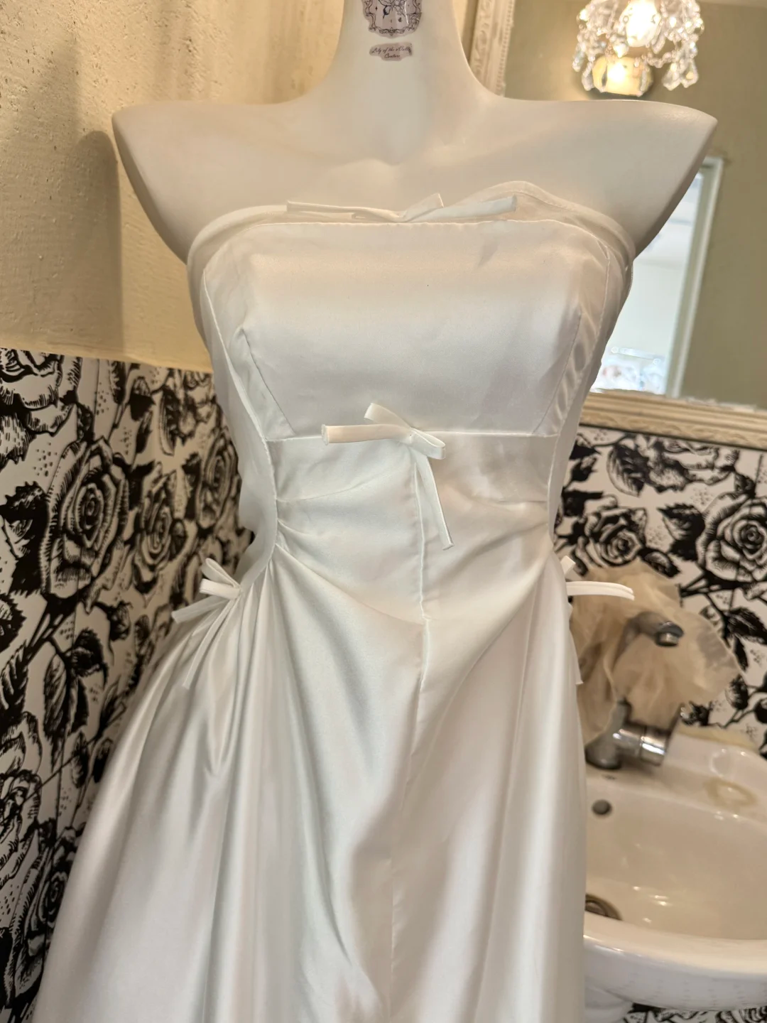 White Satin Strapless High Waist Figure-Flattering Long Romantic Dress, Wedding Gown gh7778