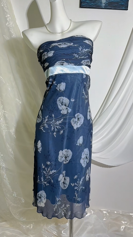 Vintage Gray Blue Strapless Printed Prom & Evening Party Dress, Fitted Waist Slim Silhouette gh8550