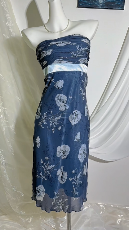 Vintage Gray Blue Strapless Printed Prom & Evening Party Dress, Fitted Waist Slim Silhouette gh8550