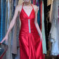Halter Bright Red Satin Evening Gown Deep V Vertical Rhinestone Ruched A-Line Long Prom Dress gh9704