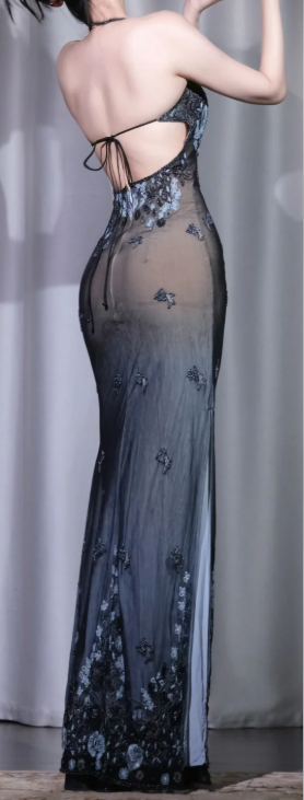 Halter Backless Mermaid Evening Dress, Gradient Mesh Hand Beaded Floral Prom Gown for Women gh9914