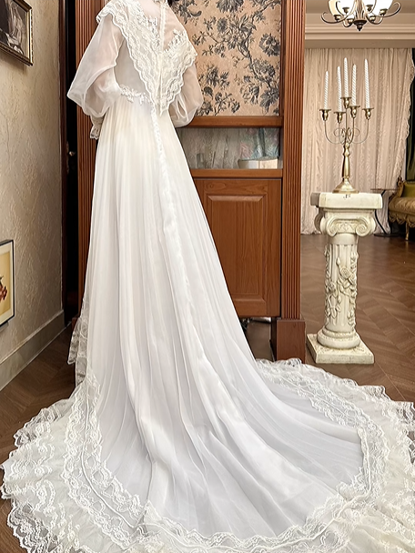 Ivory Vintage Pleated Tulle Wedding Prom Dress, Lace High Neck Illusion V‑Neck, Puff Long Sleeves, Floral Lace Appliqués, High Waist, Multi‑Tier Lace Long Train gh8681