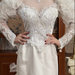 White Vintage Mermaid Wedding Gown, Mock Neck Illusion Tulle Sweetheart Neck, 3D Ruffle Puff Shoulders, Sheer Lace Long Sleeves, Embroidered Lace Appliqués Fitted Bodice, Multi‑Layer Ruffle Mermaid Long Train, Prom Dress gh8661