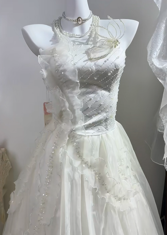 Off White Halter Long Wedding Gown, Sleeveless Hand Beaded Asymmetrical Layered Tulle Fairy Dress gh9279
