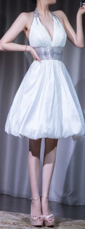 ✨Girlhomeshops-White Halter Beaded Short Prom Gown with Bubble Skirt Evening Dress gh10116