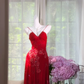 Burgundy Heavy Beaded Floral Maxi Evening Dress, V Neck Thin Strap Irregular Hem Formal Gown, Sparkly Sequin Party Prom Dress gh9492