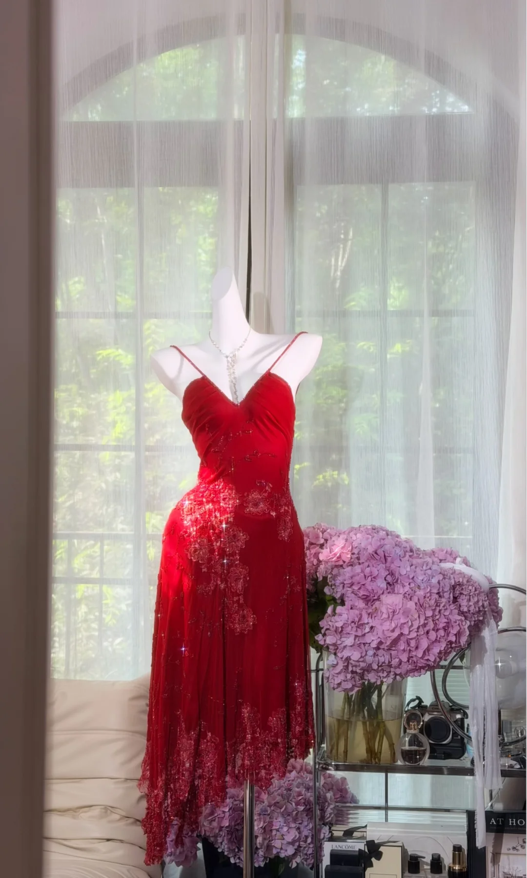 Burgundy Heavy Beaded Floral Maxi Evening Dress, V Neck Thin Strap Irregular Hem Formal Gown, Sparkly Sequin Party Prom Dress gh9492