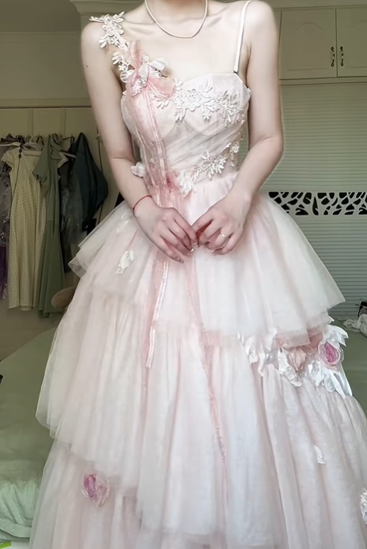 Light Pink Asymmetrical One‑Shoulder Prom Gown, Lace 3D Floral Tiered Cake Tulle A‑Line Floor‑Length Evening Dress gh9058