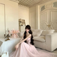 Women Romantic Light Pink Strapless Prom Dress Ruffle Bust Boned Corset Flowy Tulle Long Evening Gown gh9433