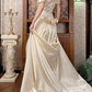 Light Apricot Rose Floral Neckline Fitted Waist Vintage Beaded Full Flared Skirt Long Prom Gown, Wedding Dress gh8598