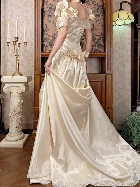 Light Apricot Rose Floral Neckline Fitted Waist Vintage Beaded Full Flared Skirt Long Prom Gown, Wedding Dress gh8598