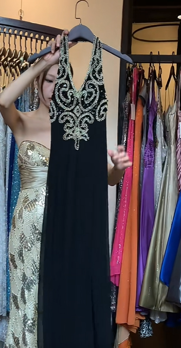 Black Halter Deep V Hand Beaded Rhinestone Chiffon Long Straight Evening Prom Dress gh9754