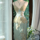 Sage Green Satin Spaghetti Strap Midi Mermaid Evening Dress, Gold Lace Floral Appliques Formal Gown gh9504