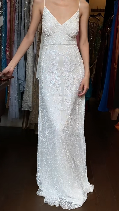 White Beaded Sequin Mermaid Prom Dress Spaghetti Straps V Neck Long Formal Evening Gown gh9836