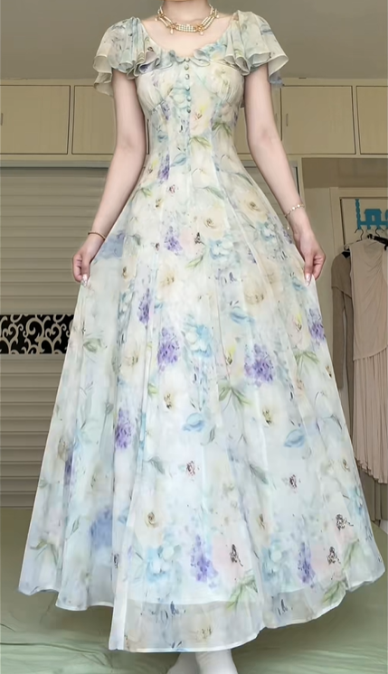 Watercolor Floral Print Long Evening Gown, V‑Neck Ruffle Flutter Short Sleeve Flowy Chiffon A‑Line Formal Prom Dress gh8970