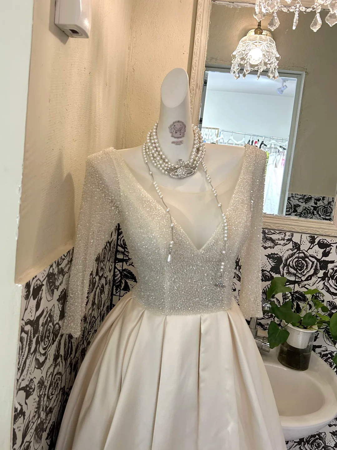 Ivory V-Neck Waist-Cinched Full Flared Skirt Luxury Elegant Romantic Dress, Wedding Gown gh7647