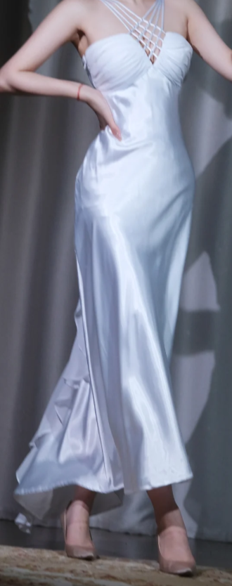 ✨Girlhomeshops-White Satin Halter Prom Dress High Slit Ruffle Mermaid Evening Gown gh9979