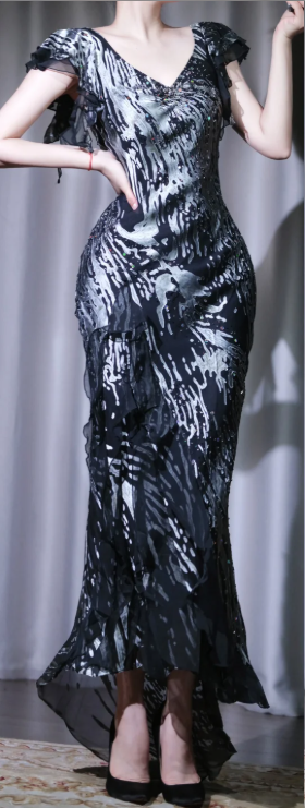 ✨Girlhomeshops-Black Silver Beaded Mermaid Long Prom Gown Flutter Sleeve High Low Hem Cocktail Dress gh10108