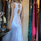 White Round Neck Satin Evening Gown Hand Beaded High Waist Long Prom Dress gh9677