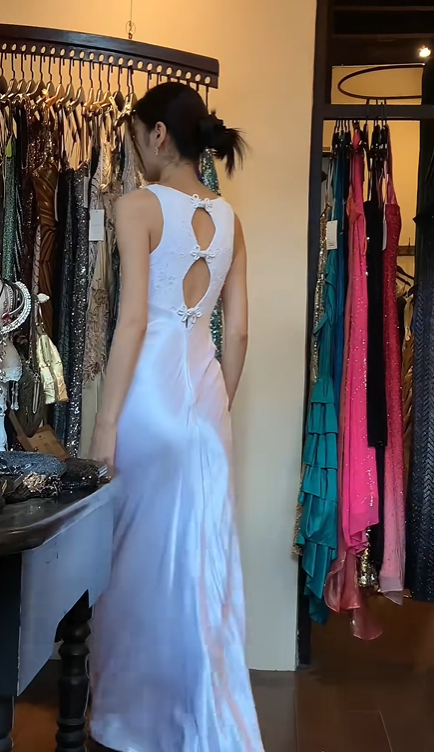 White Round Neck Satin Evening Gown Hand Beaded High Waist Long Prom Dress gh9677