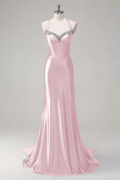Light Pink Halter Neck Waist-Cinched Fished Satin Long Evening Dress, Fairy Gown, Romantic Gown gh7457