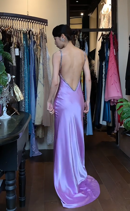 Lavender Spaghetti Strap Long Formal Gown Satin Rhinestone Beaded Mermaid Evening Dress gh9643