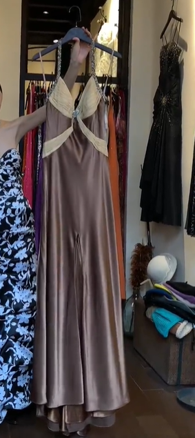 Milk Brown Satin Halter Contrast Ivory V Neck Rhinestone Front Slit Long Evening Prom Dress gh9787
