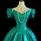 Peacock Green Satin Vintage Midi Ball Gown, V‑Neck Puff Short Sleeves, White Lace Shoulder Applique, Fitted Waist, Full A‑Line Midi Skirt, Retro Prom Dress gh8909