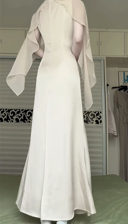 Beige Satin Cape Long Evening Gown, Round Neck Sheer Chiffon Cape Overlay Formal Prom Dress gh9020