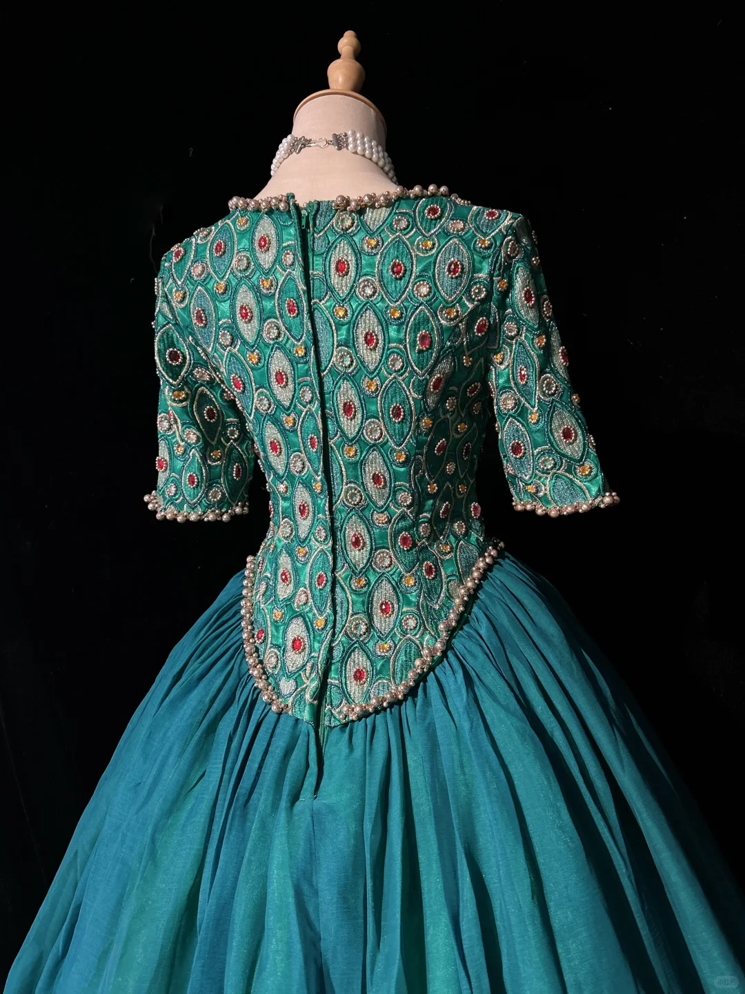 Square Neck Peacock Green Rococo Ball Gown Half Sleeve Colorful Gem Beaded Formal Dress for Prom gh9540