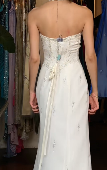 White Vintage Prom Dress Strapless Tube Top Hand Beaded Chiffon Front Slit Long Evening Gown gh9612