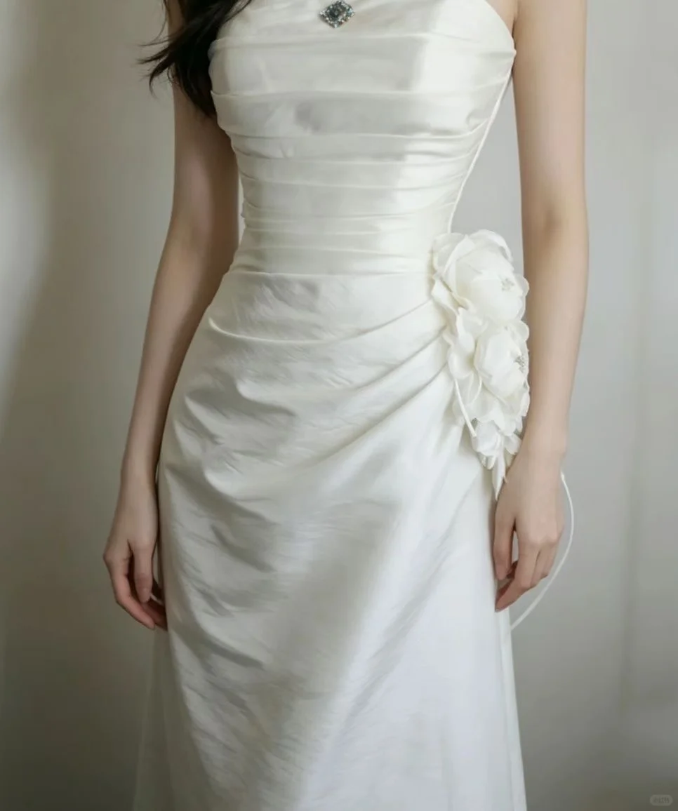 Spaghetti Strap Square Neck Satin Mermaid Wedding Dress, Ruched Bodice 3D Fabric Flower Appliqué Sheath Bridal Gown gh9124