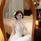 White Strapless Corset Wedding Gown, Lace Bodice Pearl Halter Strap Tulle Long Mermaid‑Style Prom Dress gh9137