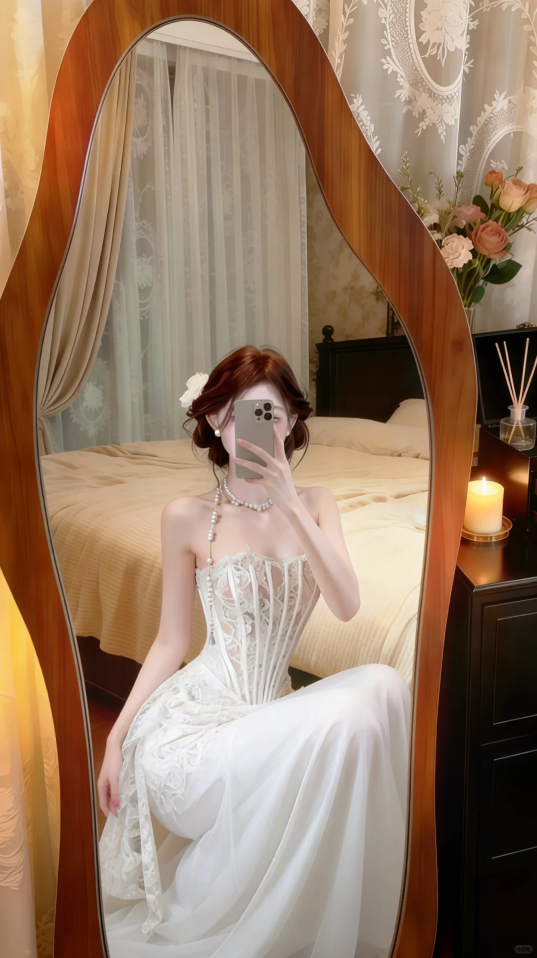 White Strapless Corset Wedding Gown, Lace Bodice Pearl Halter Strap Tulle Long Mermaid‑Style Prom Dress gh9137