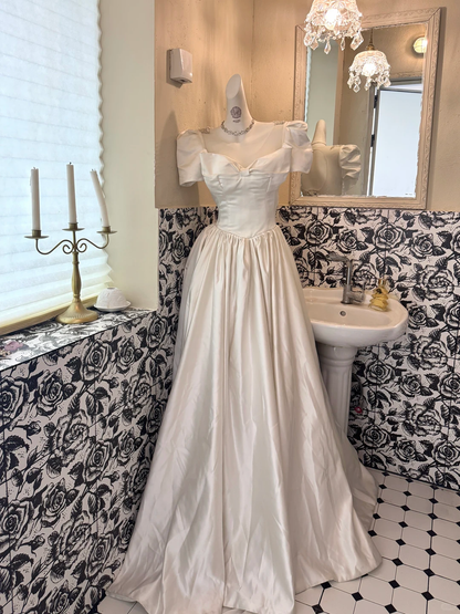 White Square Neck Puff Sleeve Waist-Cinched Full Flared Long Vintage Romantic Dress, Wedding Gown gh7507