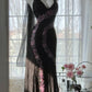 Black Shiny Vintage Elegant Romantic Delicate Pink Floral Beading Long Chiffon Homecoming Ball Gown Evening Dress Birthday/Wedding Guest/Holiday Party Dress Prom Dress gh4025