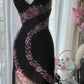 Black Shiny Vintage Elegant Romantic Delicate Pink Floral Beading Long Chiffon Homecoming Ball Gown Evening Dress Birthday/Wedding Guest/Holiday Party Dress Prom Dress gh4025
