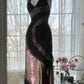 Black Shiny Vintage Elegant Romantic Delicate Pink Floral Beading Long Chiffon Homecoming Ball Gown Evening Dress Birthday/Wedding Guest/Holiday Party Dress Prom Dress gh4025