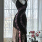 Black Shiny Vintage Elegant Romantic Delicate Pink Floral Beading Long Chiffon Homecoming Ball Gown Evening Dress Birthday/Wedding Guest/Holiday Party Dress Prom Dress gh4025