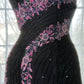 Black Shiny Vintage Elegant Romantic Delicate Pink Floral Beading Long Chiffon Homecoming Ball Gown Evening Dress Birthday/Wedding Guest/Holiday Party Dress Prom Dress gh4025