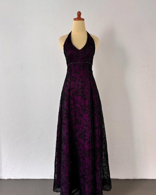 girlhomeshops--Dark Purple Vintage Exquisite Floral Long Chiffon Prom Dress Homecoming Dress Fairy Dress gh5679