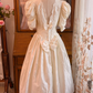Cream White Vintage Satin Wedding Gown, Lace Puff Elbow Sleeve Ballgown gh9295
