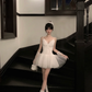 Women Pure White Spaghetti Strap Homecoming Dress V Neck Lace Bow Detachable Long Sleeve Boned Waist Fluffy Tulle Short Prom Gown gh9442