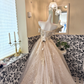 Light Apricot Off-the-Shoulder Waist-Cinched Full Flared Long Luxury Romantic Dress, Wedding Gown gh7672