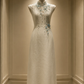 ✨Girlhomeshops-Cream Light Blue 3D Floral Beaded Tassel Midi Qipao Cheongsam gh10394