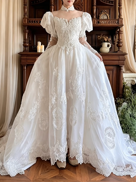 White Vintage Victorian Detachable High Neck Bubble Short Sleeve V Off‑the‑Shoulder Lace Long Sleeve Fitted Waist Tulle Lace Applique Train Long Prom Gown, Wedding Dress gh8619